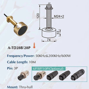 8-Pin Bronze Thru-Hull Mount Boat Transducer with Depth & Temperature (A-TD28B-T)