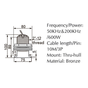 8-Pin Bronze Thru-Hull Mount Boat Transducer with Depth & Temperature (A-B117-T)